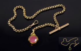 Antique Period 9ct Rose Gold Watch Chain with Attached Swivel Fob and T-Bar.