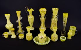 A Good Collection of Antique and Vintage Yellow Glass Vases with Applied Decoration,