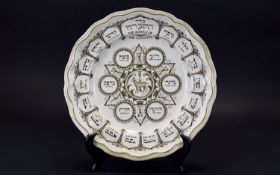 Spode Earthenware The Service of The Passover Plate. Brown Litho. Size 10.5 Inches Diameter.