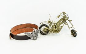 Motorcycle Interest Harley Davidson Collectors Leather Belt And Wirework Chopper Figure A wide brown