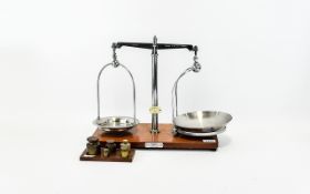 Vintage Kitchen Scales Mounted on wooden plinth with stainless steel pans and needle. Also, a set of