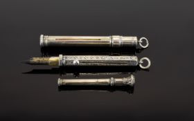 Antique Period Silver Cased Pens with Push up Mechanism Button.