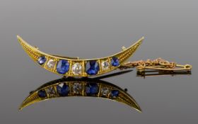 Antique Period 15ct Gold Set Crescent Moon Shaped Brooch, Set with Diamonds and Sapphires.