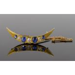 Antique Period 15ct Gold Set Crescent Moon Shaped Brooch, Set with Diamonds and Sapphires.