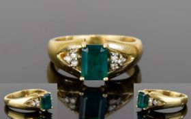 Ladies 14ct Gold Single Stone Step-cut Emerald Dress Ring, Set with Diamond Shoulders,