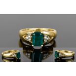 Ladies 14ct Gold Single Stone Step-cut Emerald Dress Ring, Set with Diamond Shoulders,