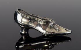 Edwardian Period Silver Pin Cushion In The Form of a Lady's Dress Shoe with Ribbon.