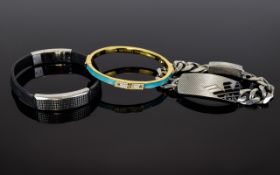 Three Designer Bracelets To include gold tone with crystal chips and blue enamel detail.
