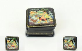 ''To The Well'' - Square Russian Lacquer Box, Hand Painted and Featuring Russian Man In Typical
