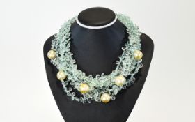Polished Free Form Aquamarine Seven Strand Choker, Set With Six Large South Pacific Pearls,