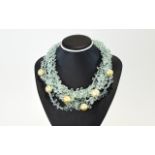 Polished Free Form Aquamarine Seven Strand Choker, Set With Six Large South Pacific Pearls,