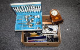 Box Of Misc Items To Include Silver Mounted Ebony Dressing Table Set, Flatware, Old Camera,