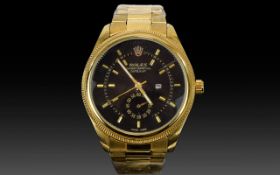 Gents - Gold Plated on Steel Copy Fashion Watch, Many Features Includes Black Dial, Gold Markers,