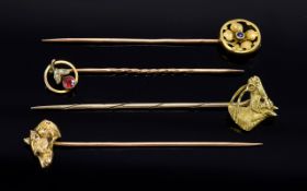 Antique Period, Nice Quality Collection of 9ct Gold Stickpins. Four (4) in total with figural dog