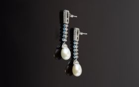 A Pair Of Aquamarine Set Pearl Drop Earrings Elegant drop earrings in art deco style set with small
