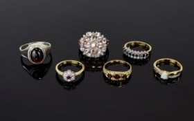 Six Silver Gemstone Rings To include silver tone and red cabochon ring,
