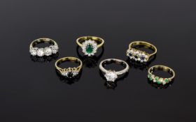 Six Silver Gemstone Rings To include one flowerhead setting with central green stone,