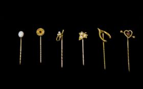 Antique Period Nice Collection Of Stone 18ct And 15ct Gold Stick Pins Set with opal, ruby, seed