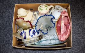 A Box Of Assorted Ceramics And Glass To include clocks, figures, decorative ornaments etc