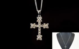 18ct White Gold Diamond Set Pendant Cross, Set With 23 Round Modern Brilliant Cut Diamonds,