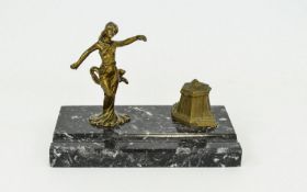 Art Deco Desk Tidy, Marble Base With Recess, Architectural Inkwell And Figural Stand