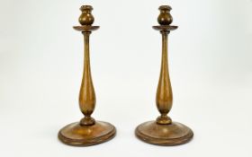 Arts and Crafts Pair of Impressive Shaped Oak Candlesticks In The Style of Flower Buds on Tapered