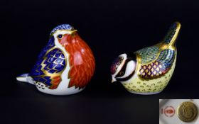 Royal Crown Derby Paperweights ( 2 ) Comprises 1/ Robin with Gold Stopper, Date 2004.