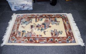 Wool Rug Rectangular wool blend rug with oriental design on cream field with deep peach,