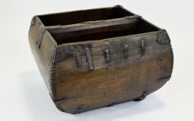 Antique Distressed Chinese Grain Bucket Aged wooden rice measure with primitive bracing and metal