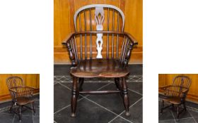 American Early 19th Century Oak Saddle Seat Windsor Armchair of Solid Construction - Please See