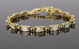 14ct Gold Diamond Bracelet, Each Link Set With 7 Modern Princess Cut Diamonds,