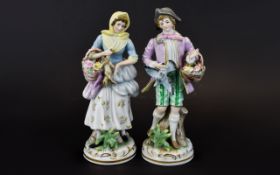 German Mid 20th Century Pair of Hand Painted Porcelain Figures ' Male and Female ' In 18th Century