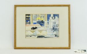 Virginia Powell (born 1939) Room with a Cat Watercolour. 8 by 11.5 inches - signed.