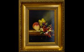 Zander - 20th Century Dutch Stillife Painting of Fruit - Peach, Grapes & Flowers Resting on a