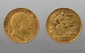 Edward VII 22ct Gold Half Sovereign. Date 1907, London Mint - Please See Photo.