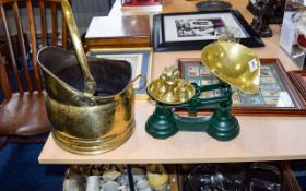 Brass Kitchen Scales with weights. Together with a brass coal scuttle.