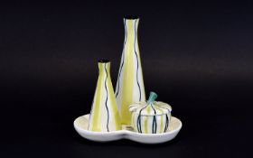 Midwinter Yellow / Black Wavy Line 3 Piece Cruet Set, Designed by Jessie Tait.