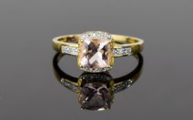 9ct Diamond Morganite Cluster Ring Attractive ring with central faceted square stone surrounded by