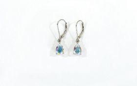 Pair of Mercury Mystic Topaz Drop Earrings, each earring comprising a pear cut solitaire topaz of