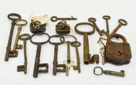 A Collection Of Antique Keys And Padlocks A varied selection to include several large brass keys