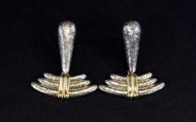 Art Deco - Period 14ct Yellow Gold and Planished Silver Large Drop Earrings.