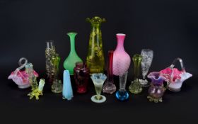A Good Collection of Antique Multi-Coloured Glass Vases, Baskets and Jugs. c.