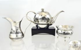 Persian - Early 20th Century Nice Quality Solid Silver Niello 3 Piece Tea Service. c.1929.