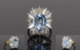 18ct Gold Plated - Large Blue Topaz and Crystal Set Fashion Ring. Marked 18ct G.B. Looks Impressive,