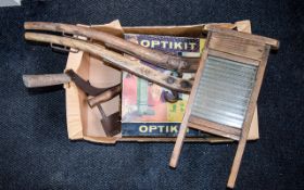 Box of Assorted Collectables including Optikit NO 1 Vintage Optician Set, Tools, wash board etc