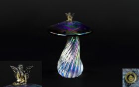 John Ditchfield Glasform Handmade Iridescent Toadstool with Silver Fairy to Top.