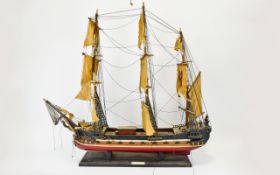 Model Spanish XIXth Century Sailing Ship, wooden, three masted vessel with rigging and sails,