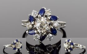 18ct White Gold Set Diamond and Sapphire Cluster Ring, Flower head Setting.