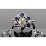 18ct White Gold Set Diamond and Sapphire Cluster Ring, Flower head Setting.