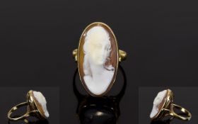 14ct Gold Set Oval Shaped Shell Cameo Ring, Features a Portrait Bust of a Young Woman.
